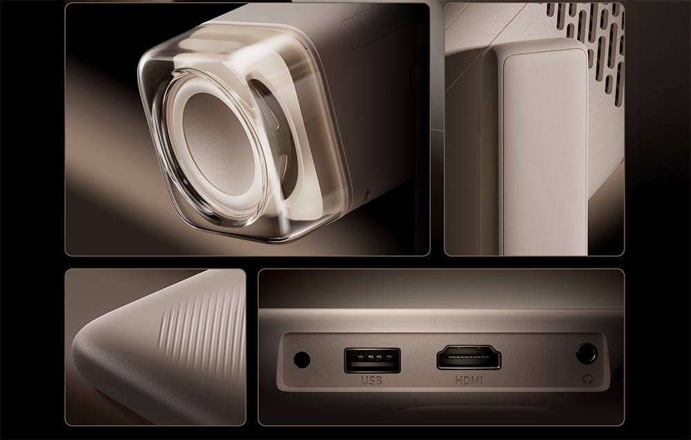 Zábery zblízka na projektor, ktoré ukazujú objektív, ventilačné mriežky a porty USB a HDMI.