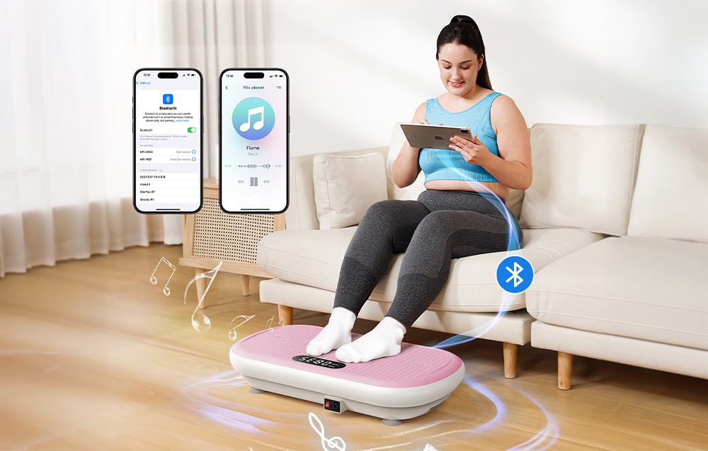 Žena používa vibračnú platformu Merach a ovláda hudbu cez Bluetooth na svojom tablete.