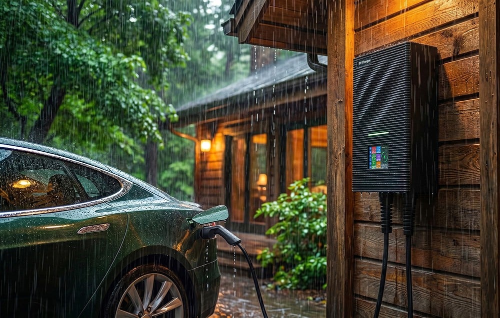 Zelené auto pripojené k nabíjačke EV pred domom počas lejaku