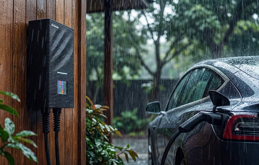 Nabíjanie elektrického auta pred domom pomocou nabíjačky EV počas dažďa