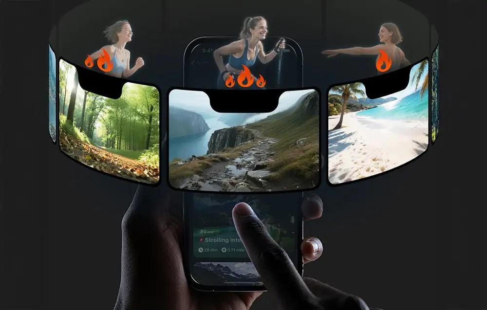 Grafika zobrazujúca smartfón s aplikáciou na cvičenie a tri obrazovky s rôznymi scenériami a bežcami a bežkyňami