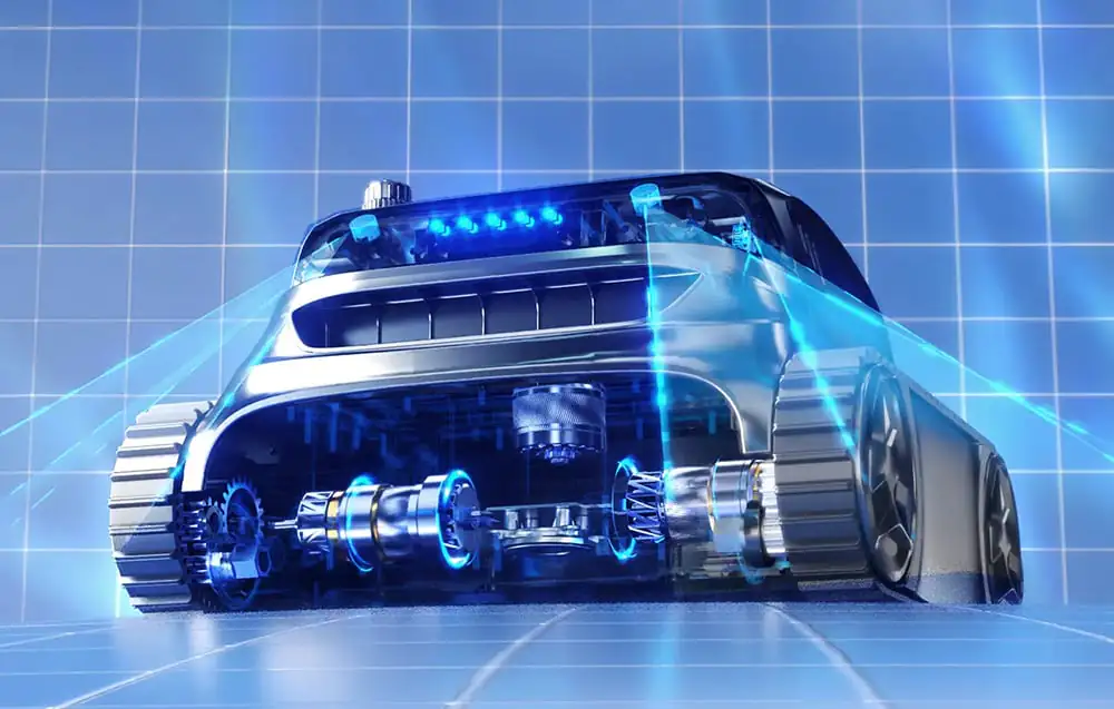 Robot na čistenie bazéna so snímačmi a motorom pri modrých dlaždiciach